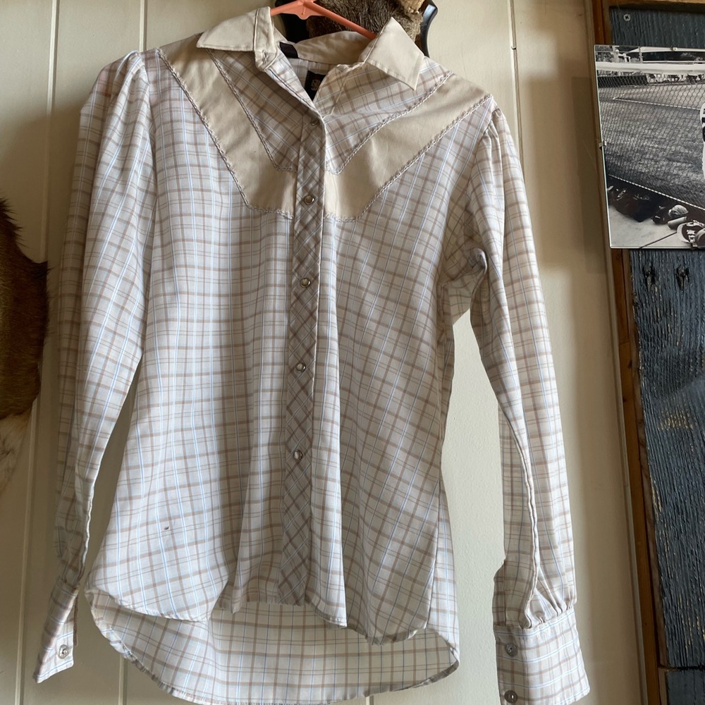 Vintage Western Plaid Shirt - Cream and Brown Pearl Snap